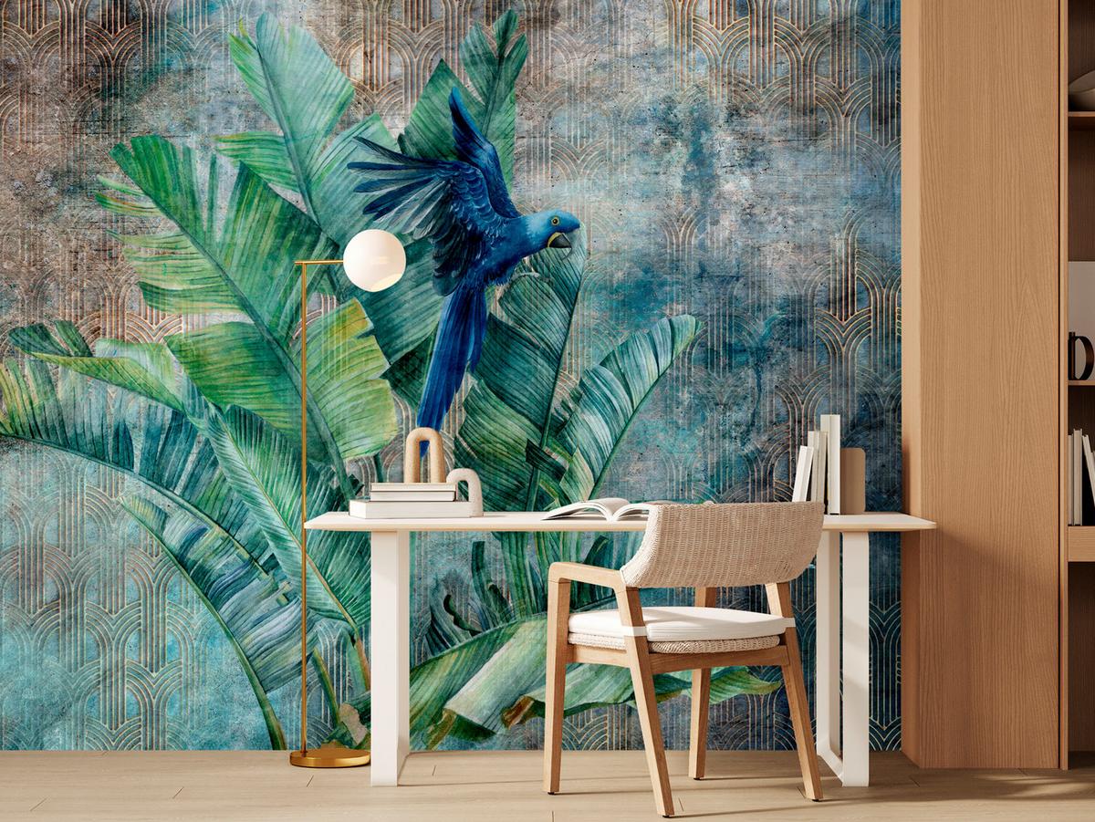 FOTOTAPETE für Wohnzimmer Retro Papuga Tropische Blätter 500x350 - Blau/Braun, Papier (500/350cm) - Muralo