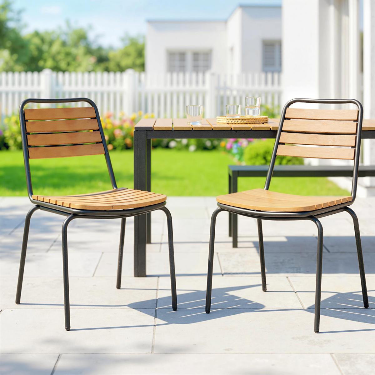 STAPELSTUHL 2er Set Stahl Eukalyptusholz Natur - Eukalyptusholzfarben/Schwarz, Metall (47/81/61cm) - Outsunny