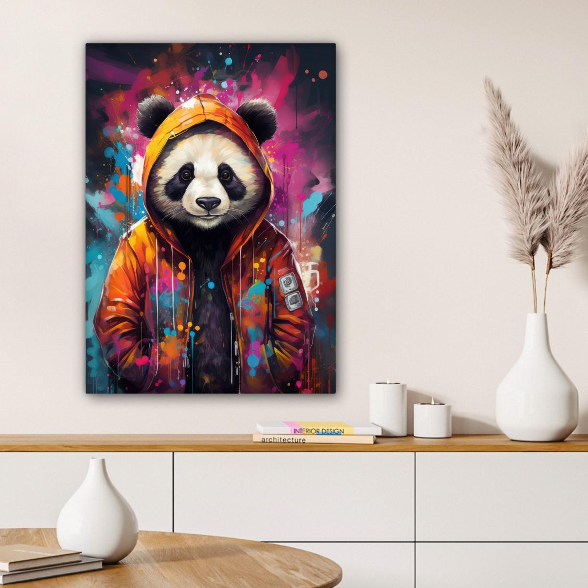 LEINWANDBILD Panda - Jacke - Graffiti - Orange Wandbild Wohnzimmer 60x80 cm - Orange, Textil (60/80cm) - MuchoWow