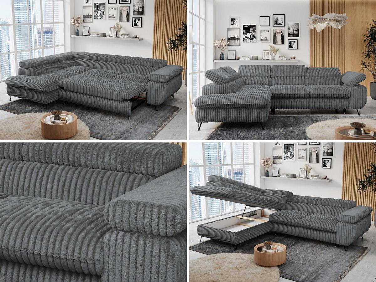 ECKSOFA PETER L Dunkelgrau Cord - Links Seite - Dunkelgrau/Schwarz, Textil/Metall (208/273cm) - MKS