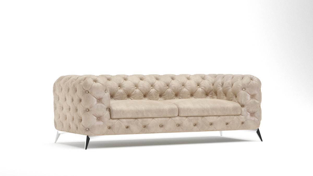 CHESTERFIELD-SOFA 3-Sitzer Quantum Beige Samt - Beige/Silberfarben, Holz/Textil (225/75/100cm) - S-Style Möbel