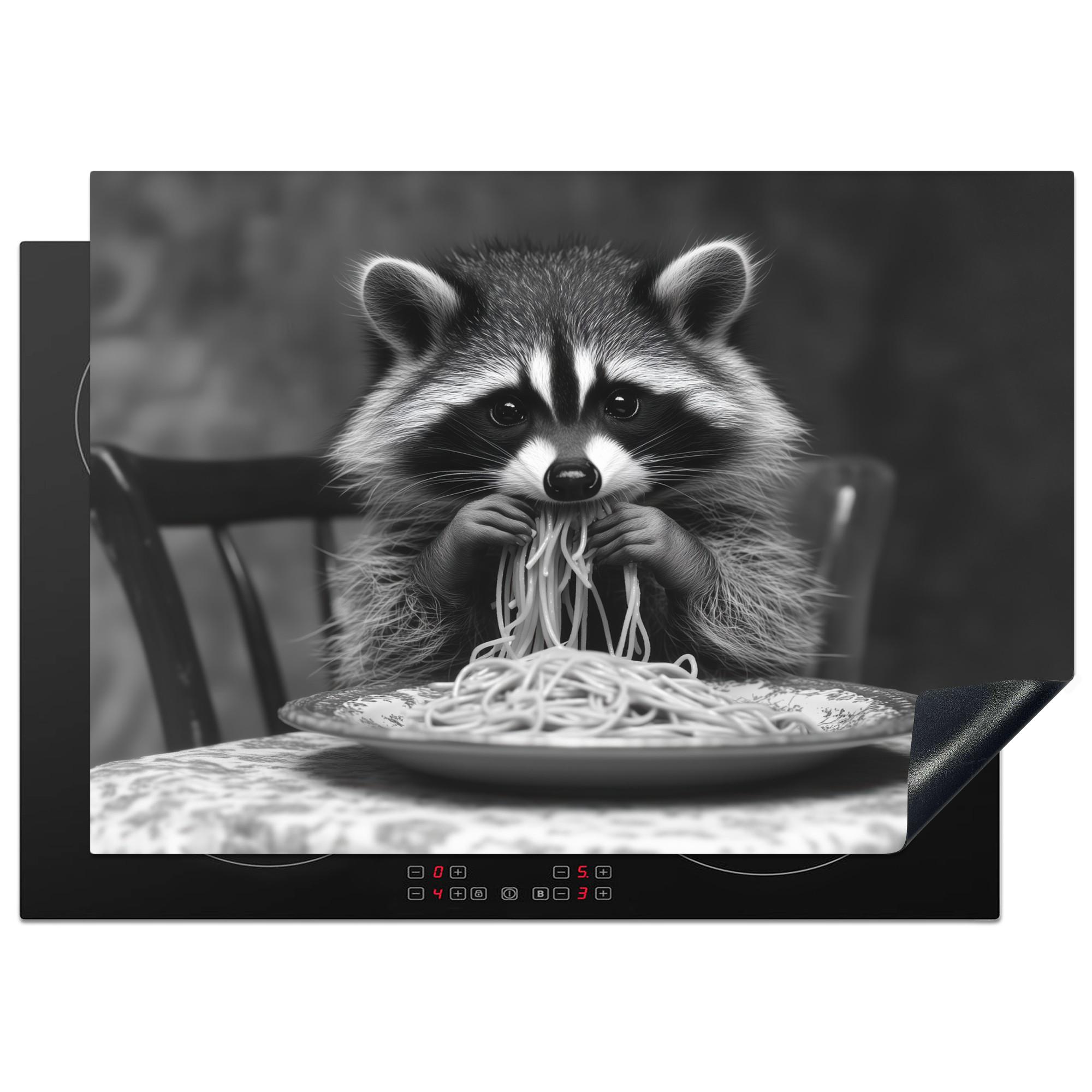 HERDABDECKPLATTE Waschbär - Niedlich - Pasta - Tischtuch - Schwarz - Weiß Herdabdeckung Induktionsfeld 75x52 cm - Grau, Kunststoff (75/52/0.2cm) - MuchoWow