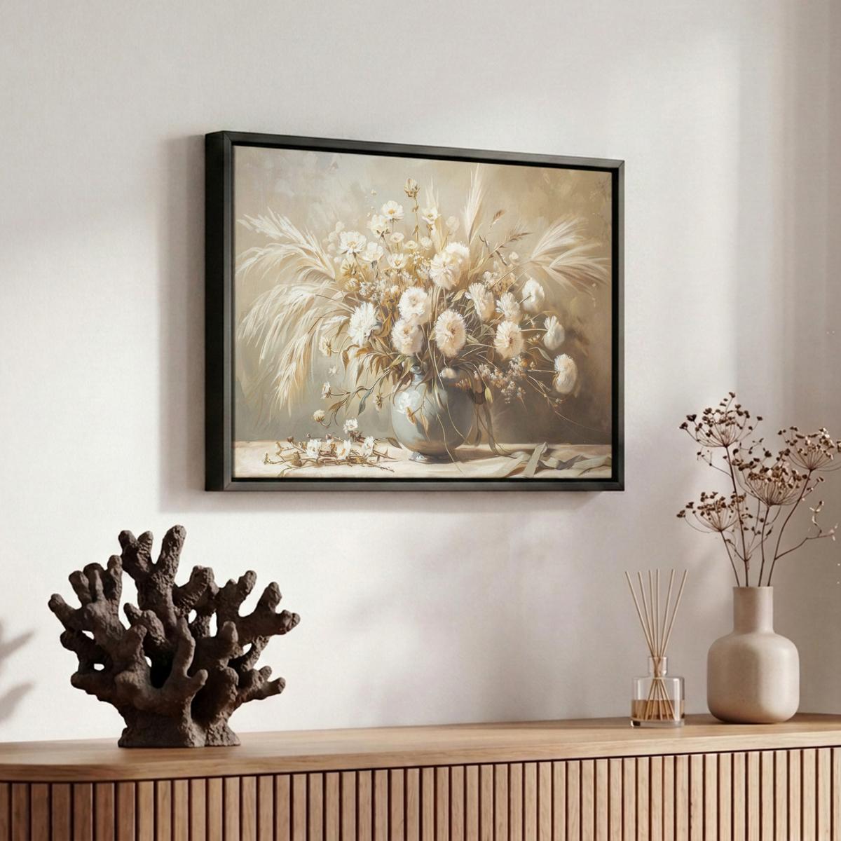 LEINWAND Bilder mit Rahmen - Blumen - Vase - Stilleben - Beige - 30x20 - Creme, Textil (30/20cm) - MuchoWow