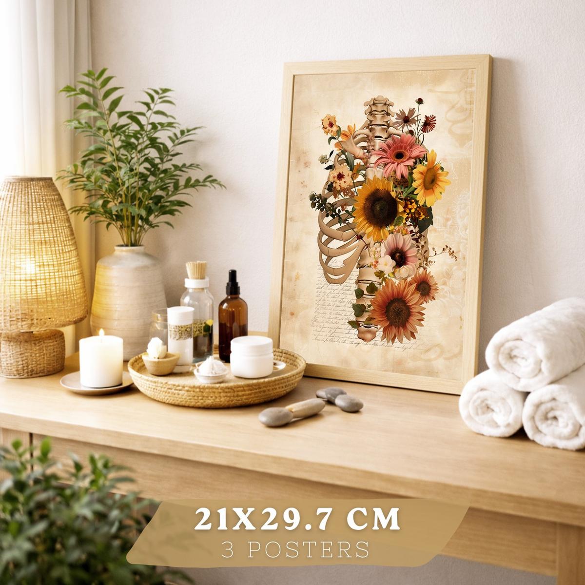 POSTER Set aus 3 Anatomie Mensch Florale Drucke und Wandbilder mit Lungen Brustkorb und Gehirn Botanischer Antiker Stil Größe Leichter Holzrahmen A4 - Beige, Papier (21/29.7/3cm) - Nacnic