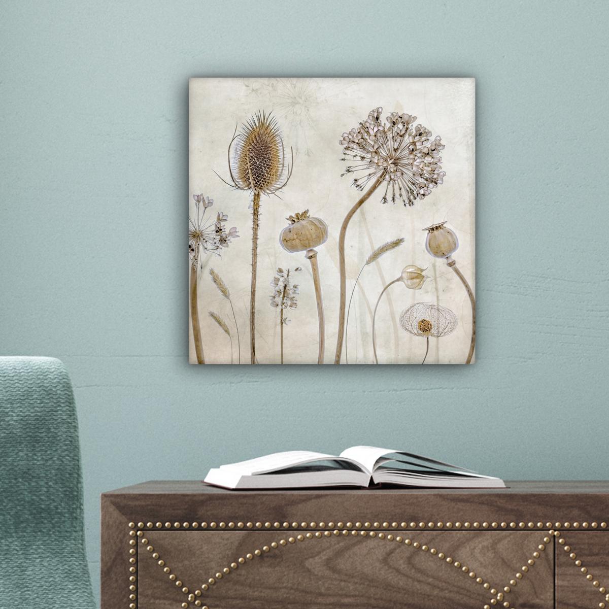 LEINWANDBILD Blumen - Aquarell - Stilleben - Braun - Vintage Deko Wohnzimmer 20x20 cm - Beige, Textil (20/20cm) - MuchoWow