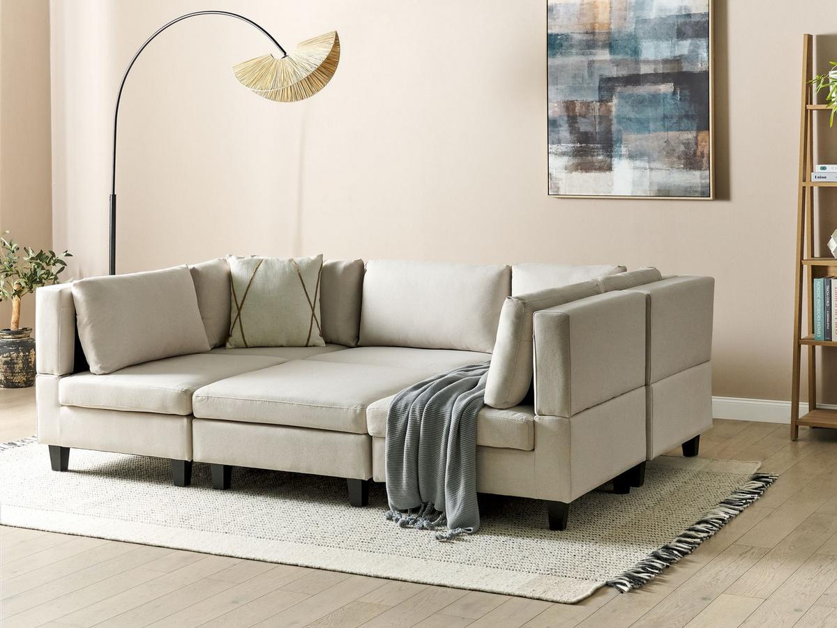 5-SITZER-MODULSOFA U-förmiges Hellbeige Stoff mit Ottomane Unstad - Beige/Schwarz, Textil (228/72/76cm) - Beliani