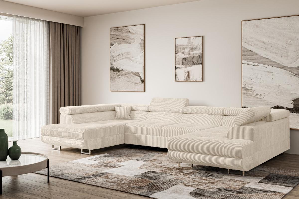 WOHNLANDSCHAFT mit Schlaffunktion und Bettkasten GUSA-U 342x202x107 cm Beige Cord - Beige/Silberfarben, Holzwerkstoff/Textil (342/107/202cm) - ALTDECOR