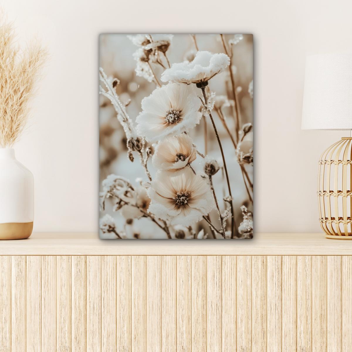 LEINWANDBILD Blumen - Winter - Weiß - Schnee - Beige Room Decor 30x40 cm - Creme, Textil (30/40cm) - MuchoWow