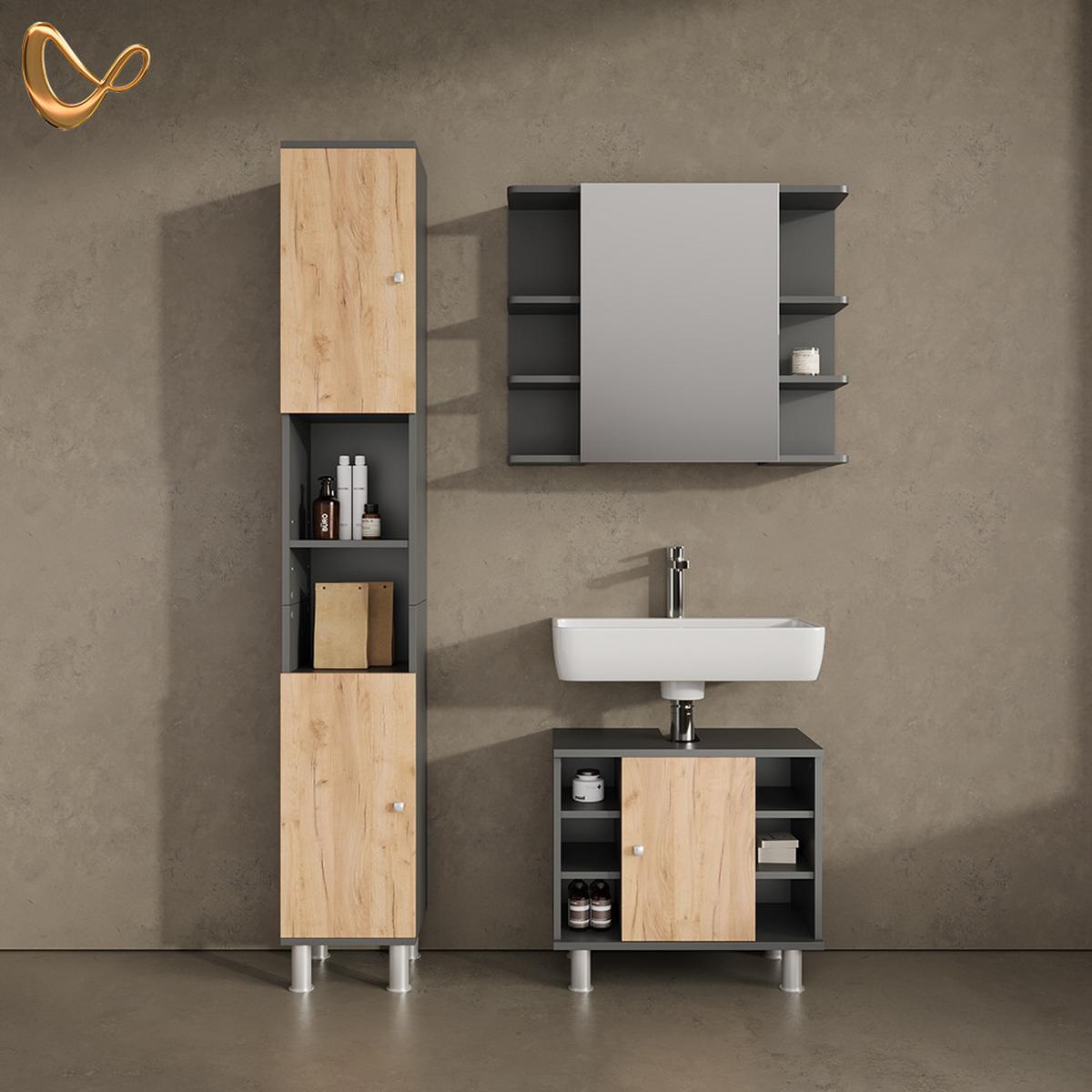 BADMÖBEL-SET Fucino Anthrazit/Goldkraft Eiche 3 Teile mit Hochschrank - Honigeiche/Anthrazit, Holzwerkstoff (60/54/32cm) - Livinity®