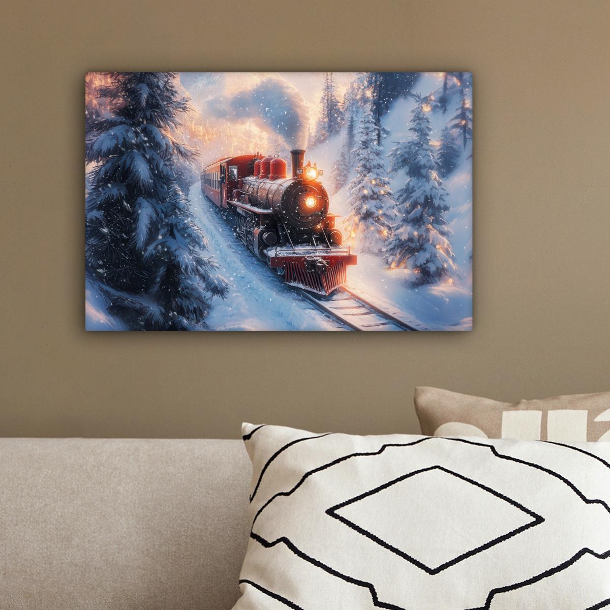LEINWANDBILD Weihnachtszug - Schnee - Winter - Weihnachten Deko Schlafzimmer 30x20 cm - Dunkelrot, Textil (30/20cm) - MuchoWow