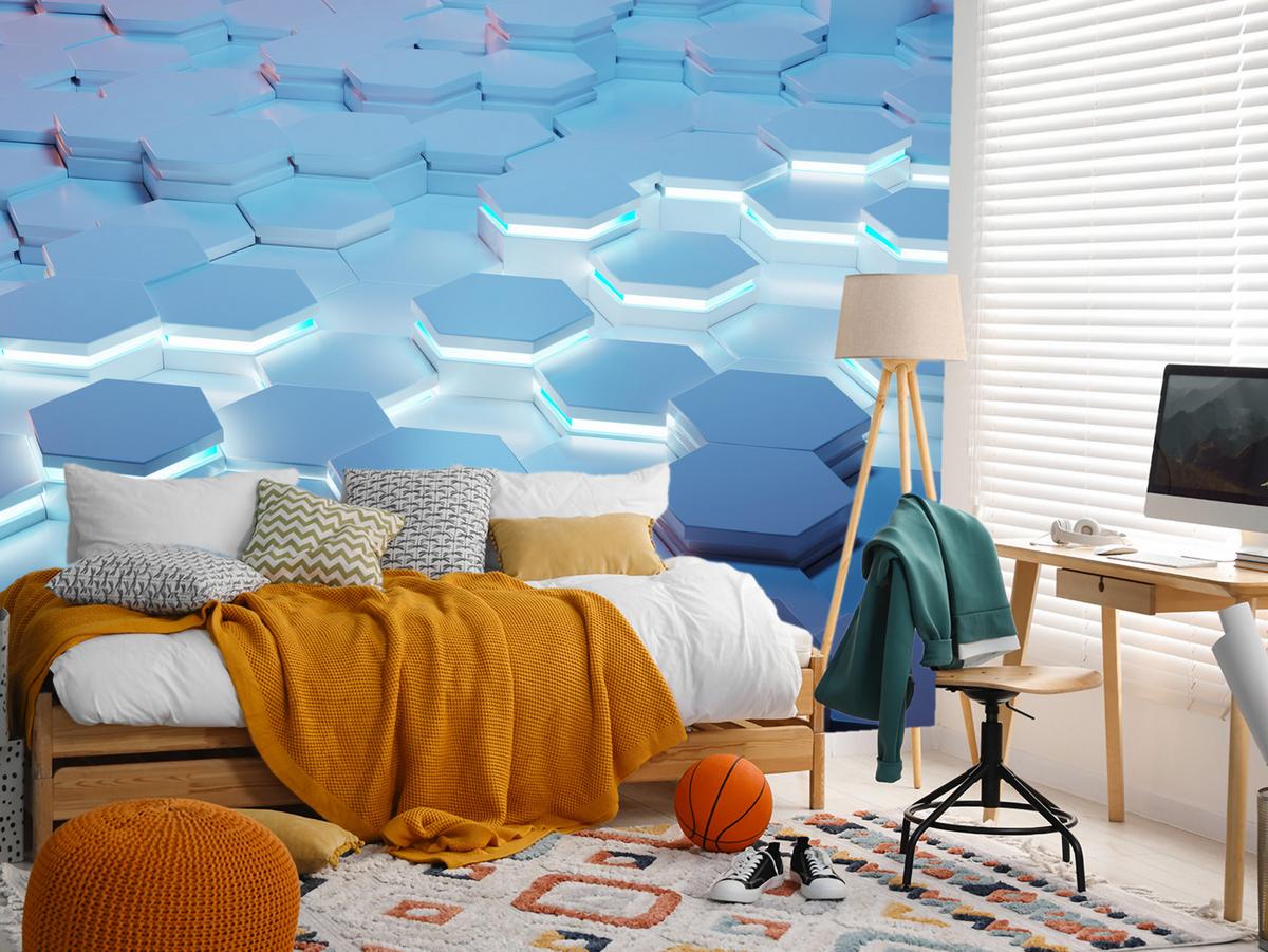 FOTOTAPETE für Jugendzimmer Blaue Neon Hexagone Formen Geometrie 500x350 - Blau/Weiß, Papier (500/350cm) - Muralo