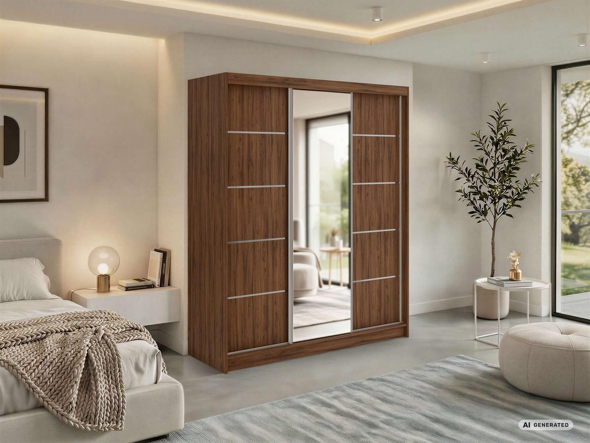 SCHWEBETÜRENSCHRANK mit Schubladen 180 - SKORIA - Warmia Walnuss mit Spiegel - Walnussfarben/Alufarben, Holzwerkstoff/Metall (180/216/61cm) - MKS