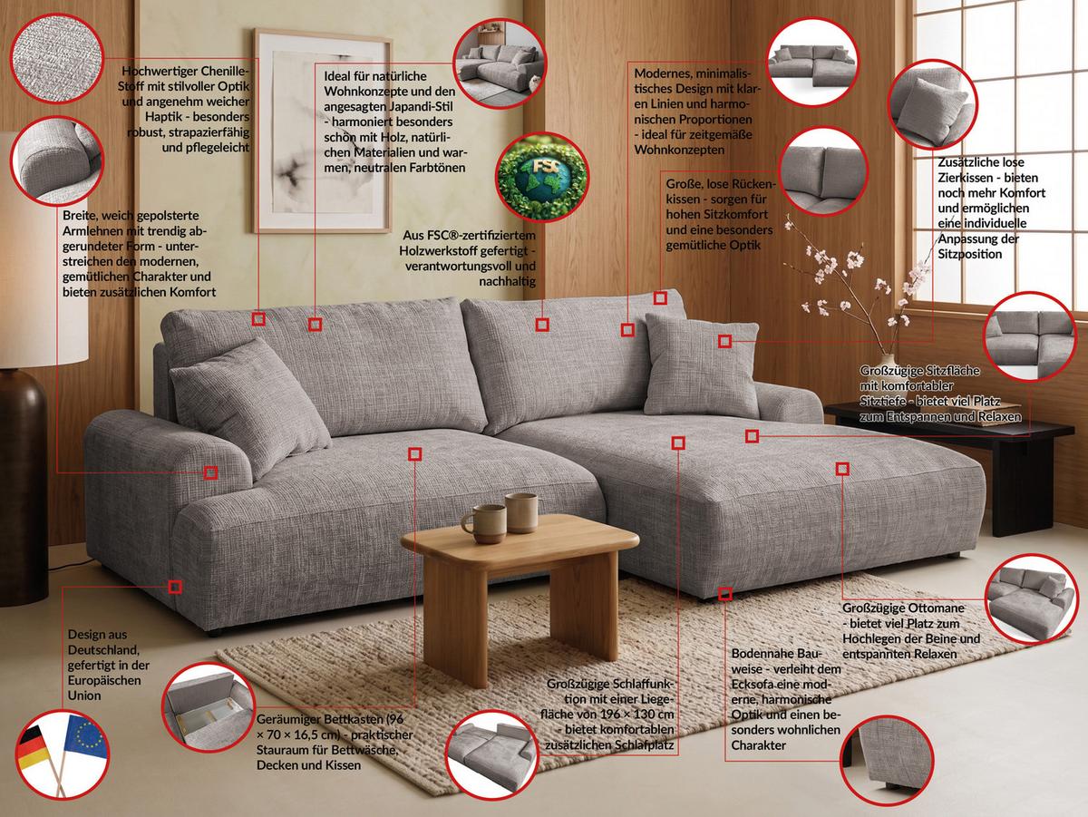 ECKSOFA Melvano mit Schlaffunktion und Bettkasten im Japandi-Stil aus weichem Taupe Chenille-Stoff - Taupe/Schwarz, Holz/Kunststoff (240/145cm) - S-Style
