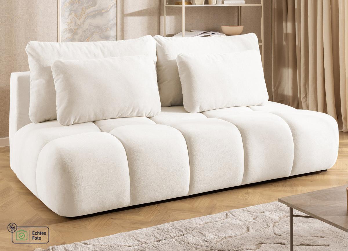 SCHLAFSOFA Belluno aus hochwertigem Creme Plüschstoff mit Bettkasten und tiefen Steppungen in Bubble-Optik - Creme/Schwarz, Holz/Kunststoff (205/87/105cm) - S-Style