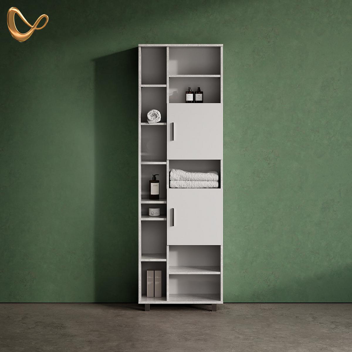 BADSCHRANK Eisak Beton 60 x 190 cm - Grau, Holzwerkstoff (60/190/30cm) - Livinity®