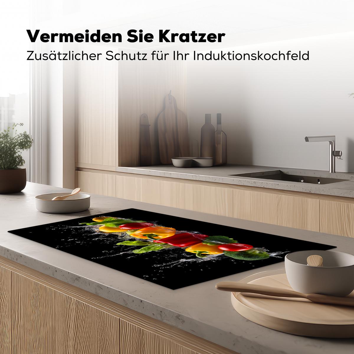 HERDABDECKPLATTE Paprika - Wasser - Gemüse - Schwarz Ceranfeldabdeckung 90x52 cm - Multicolor, Kunststoff (90/52/0.2cm) - MuchoWow