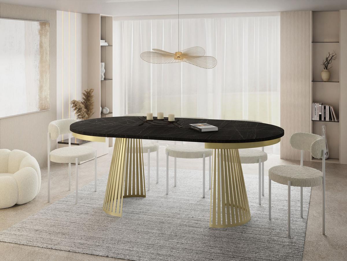 ESSTISCH Naro rund ausziehbar mit Goldem Lamellen-Metallgestell, Marmor Schwarz 120-200/120/76 cm - Anthrazit/Goldfarben, Holzwerkstoff/Metall (100/200/76cm) - WFL GROUP