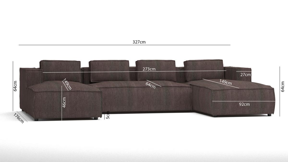 WOHNLANDSCHAFT Nova Dunkelbraun Cord - Dunkelbraun/Schwarz, Holz/Kunststoff (327/64/176cm) - S-Style Möbel