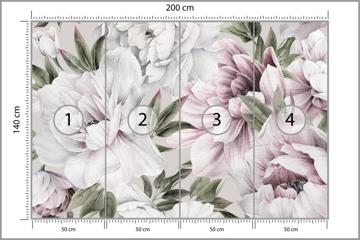 FOTOTAPETE für Schlafzimmer Pastell Pfingstrosen Boho Pflanzen 200x140 - Violett/Rosa, Papier (200/140cm) - Muralo