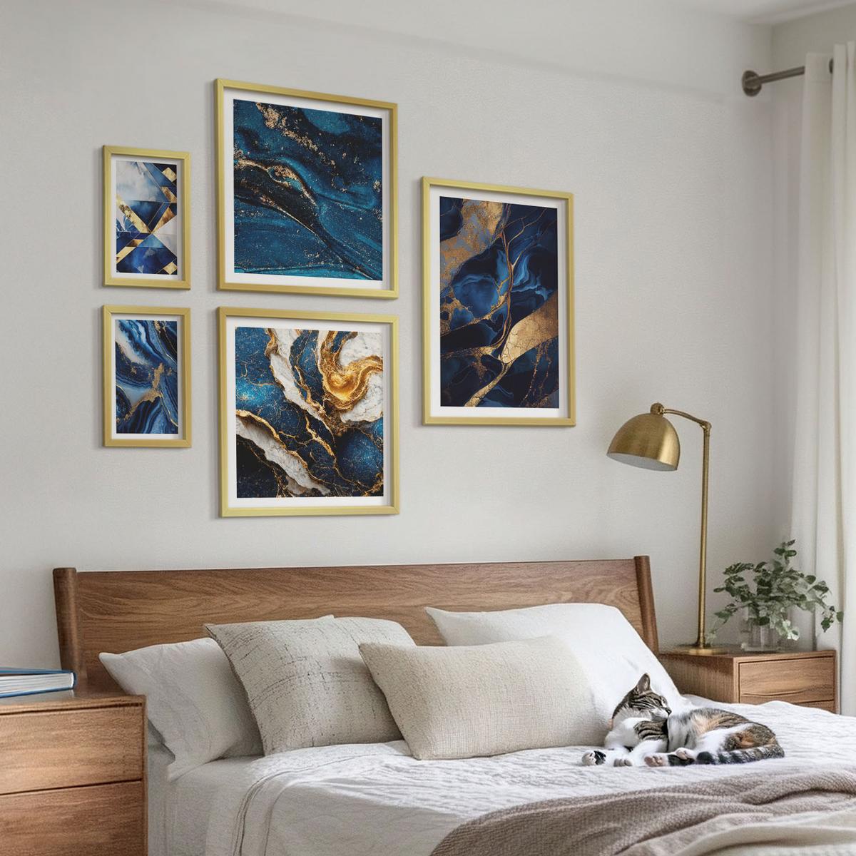 BILDER SET 5er Set - 50x50 cm & 20x30 cm & 40x60 cm Goldrahmen - Abstrakte, elegante Muster - Goldfarben, Kunststoff (40/60cm) - TULUP