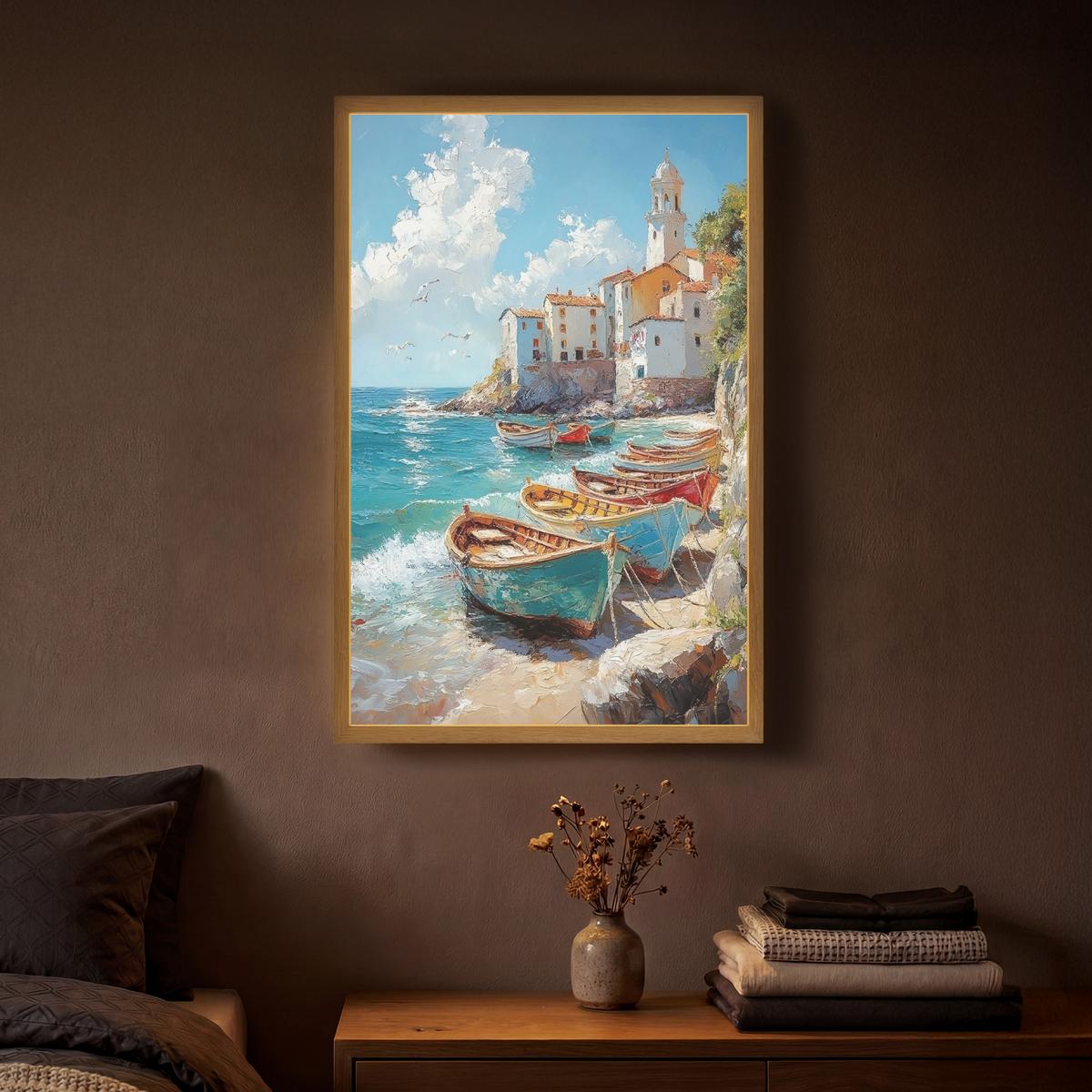 WANDLEUCHTE MIT AKKU Boote - Felsen - Meer - Sonne 40x60 cm - Blau, Holzwerkstoff (40/60/8cm) - OnlyWow
