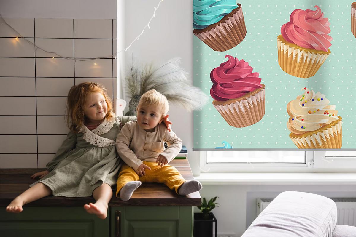 INNENROLLO - Fensterrollo - Rollo - 120x140 cm - Cupcakes - Blau, Kunststoff (120/140/0.5cm) - TULUP