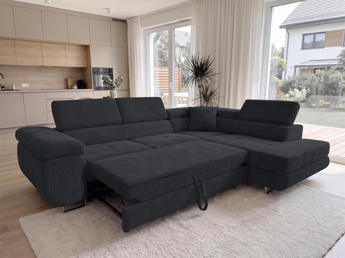 ECKSOFA L Form Konak Schwarz 276/201/90 cm Rechts mit Schlaffunktion - Silberfarben/Schwarz, Textil/Metall (276/203cm) - AX Living
