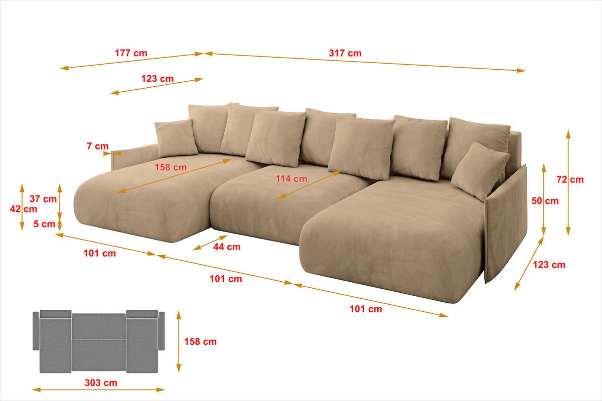 WOHNLANDSCHAFT mit Schlaffunktion und Bettkasten ONESK-U-v1 317x177x72 Beige Velours - Beige, Holzwerkstoff/Kunststoff (317/72/177cm) - ALTDECOR