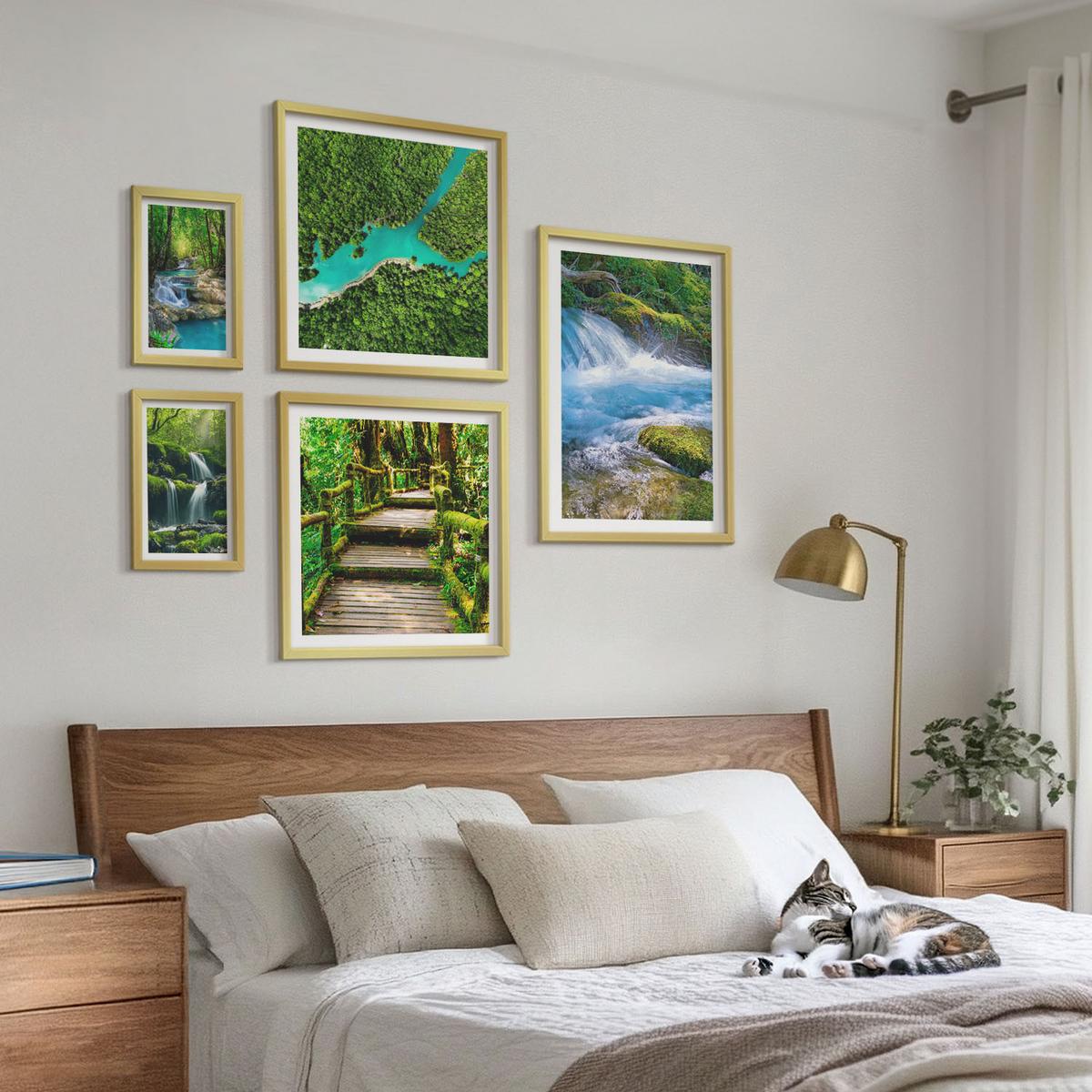 BILDER SET 5er Set - 50x50 cm & 20x30 cm & 40x60 cm Goldrahmen - Grüne Berge, Flussfelsen - Goldfarben, Kunststoff (40/60cm) - TULUP