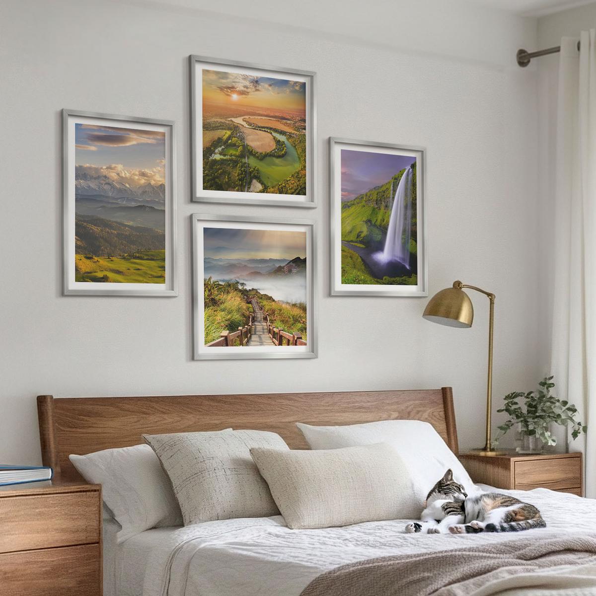 BILDER SET 4er Set - 50x50 cm & 40x60 cm Silberner Rahmen - Ausblicke auf Berge, Flüsse und Wasserfälle - Silberfarben, Kunststoff (50/50cm) - TULUP