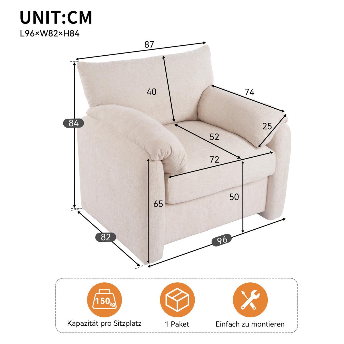 SESSEL Chenille Beige 96 cm Lounge Sessel mit Armlehnen und breiter Sitzfläche für Wohnzimmer - Beige, Textil (96/84/82cm) - Urban Meuble