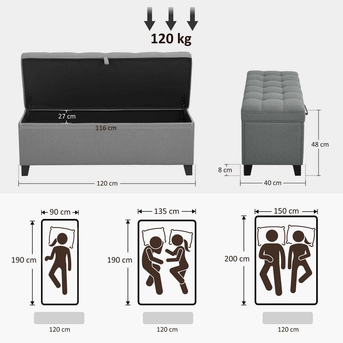 SITZBANK Polyester Kohlegrau - Dunkelgrau, Holzwerkstoff/Textil (40/48/120cm) - HOMCOM
