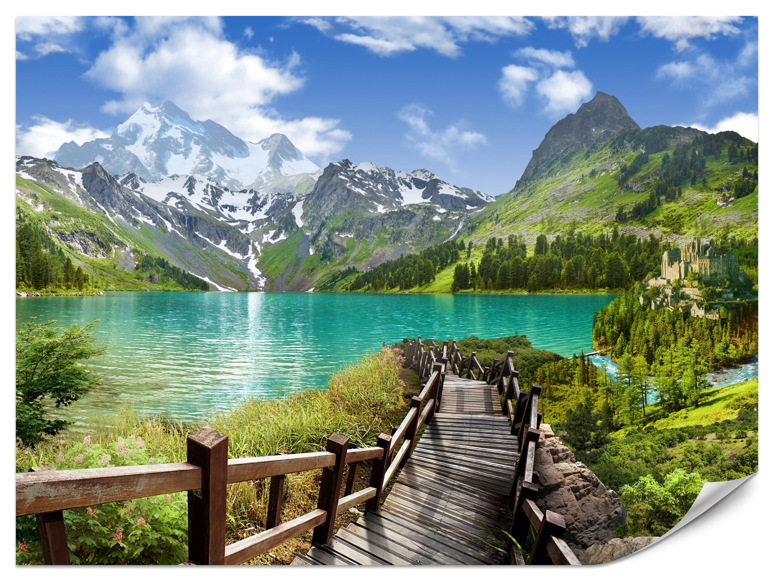 FOTOTAPETE für Wohnzimmer Holzsteg Bergsee Pflanzen Ruhe 200x140 - Türkis/Blau, Papier (200/140cm) - Muralo