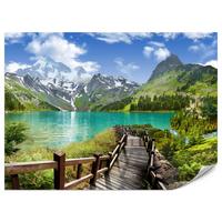 FOTOTAPETE für Wohnzimmer Holzsteg Bergsee Pflanzen Ruhe 200x140 - Türkis/Blau, Papier (200/140cm) - Muralo