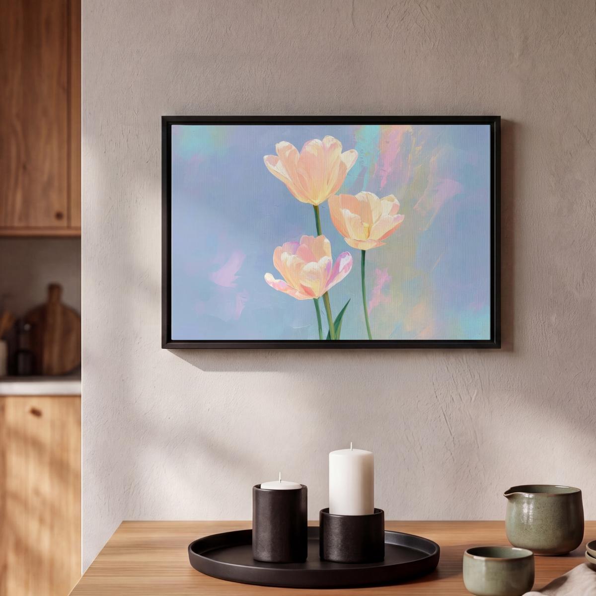 LEINWAND Bilder mit Rahmen - Tulpen - Rosa Akzente - Blau - 30x20 - Pastellblau, Textil (30/20cm) - MuchoWow