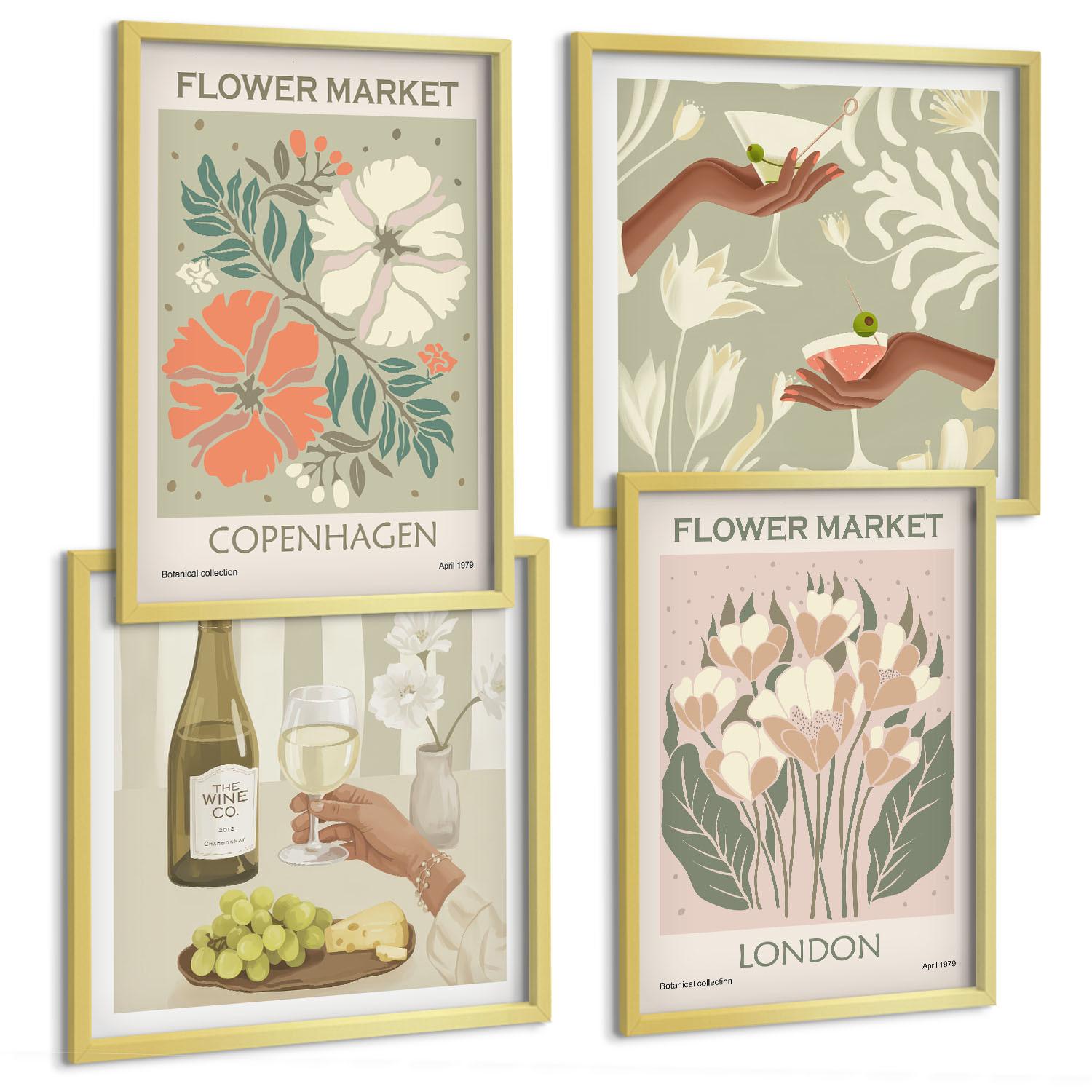 BILDER SET 4er Set - 50x50 cm & 40x60 cm Goldrahmen - Blumenposter Weinstadt - Goldfarben, Kunststoff (50/50cm) - TULUP