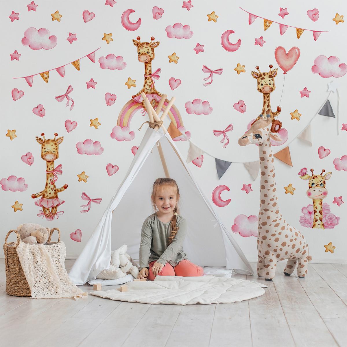 STICKER SET für Kinder Giraffen rosa Wolken Monde Sterne 120x60 - Gelb/Beige, Papier (120/60/1cm) - Muralo