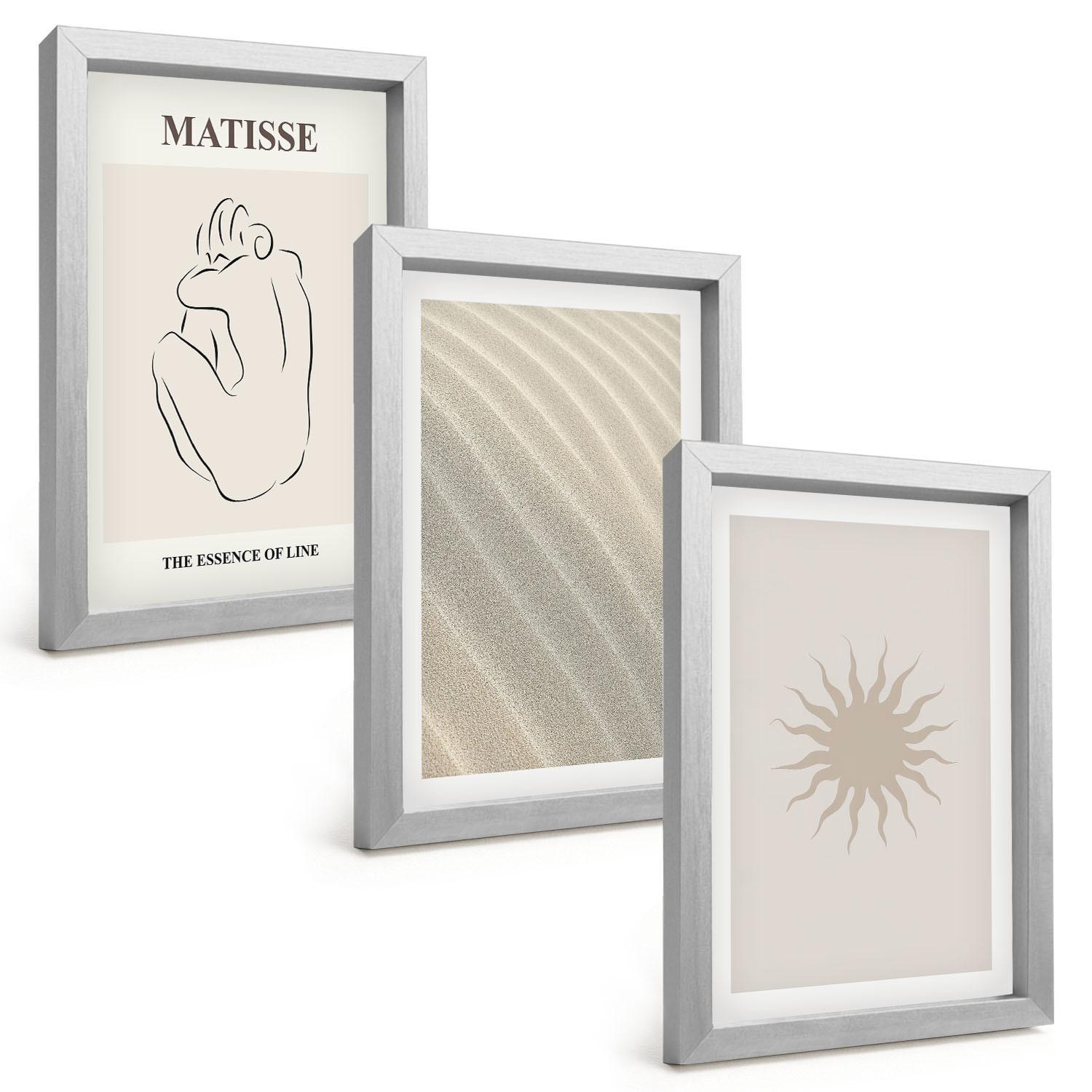 BILDER SET 3er Set - 20x30 cm Silberner Rahmen - Minimalistische Sandlinien Sonne - Silberfarben, Kunststoff (20/30cm) - TULUP