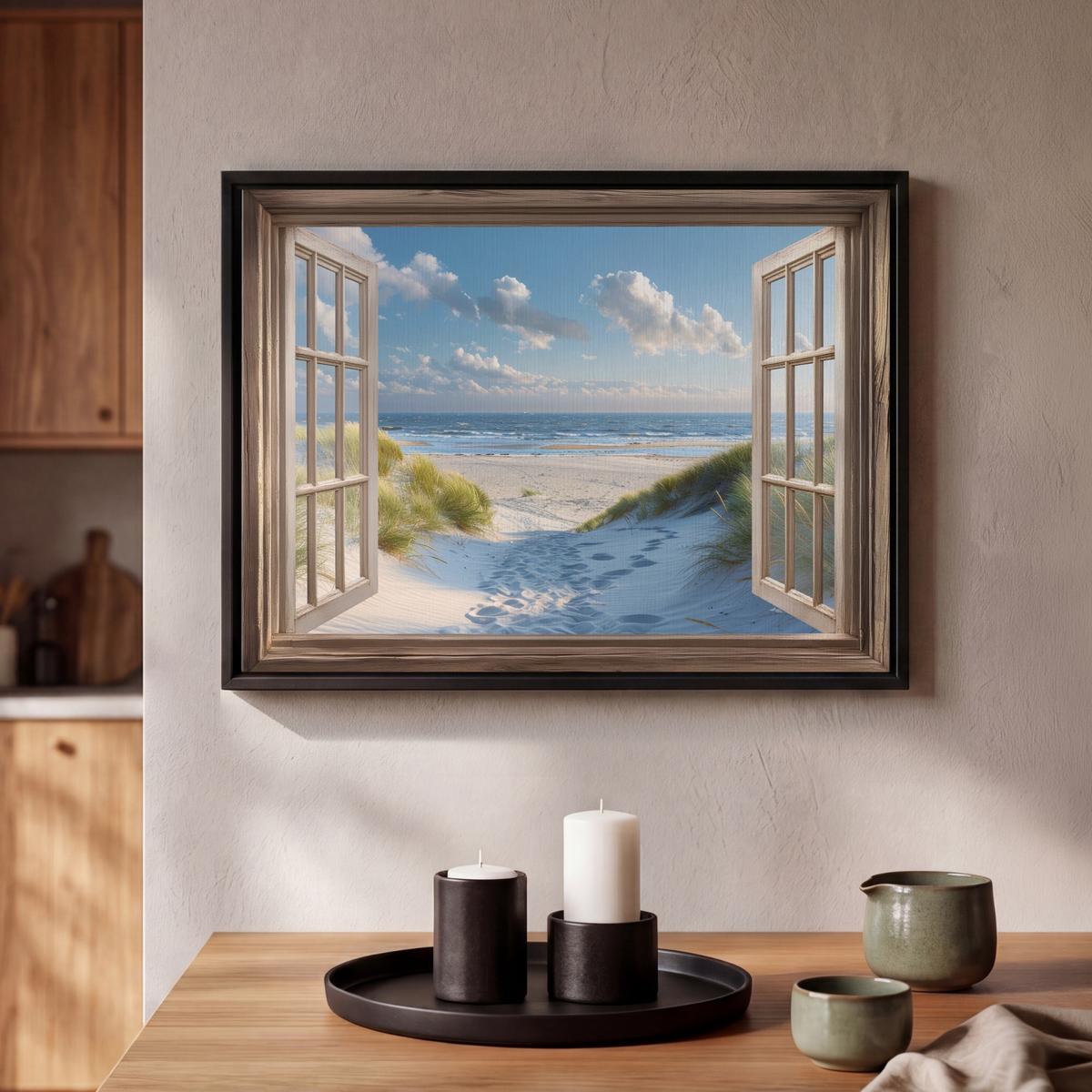 LEINWAND Bilder mit Rahmen - Aussicht - Strand - Fenster - Dünen - Meer - 40x30 - Hellblau, Textil (40/30cm) - MuchoWow