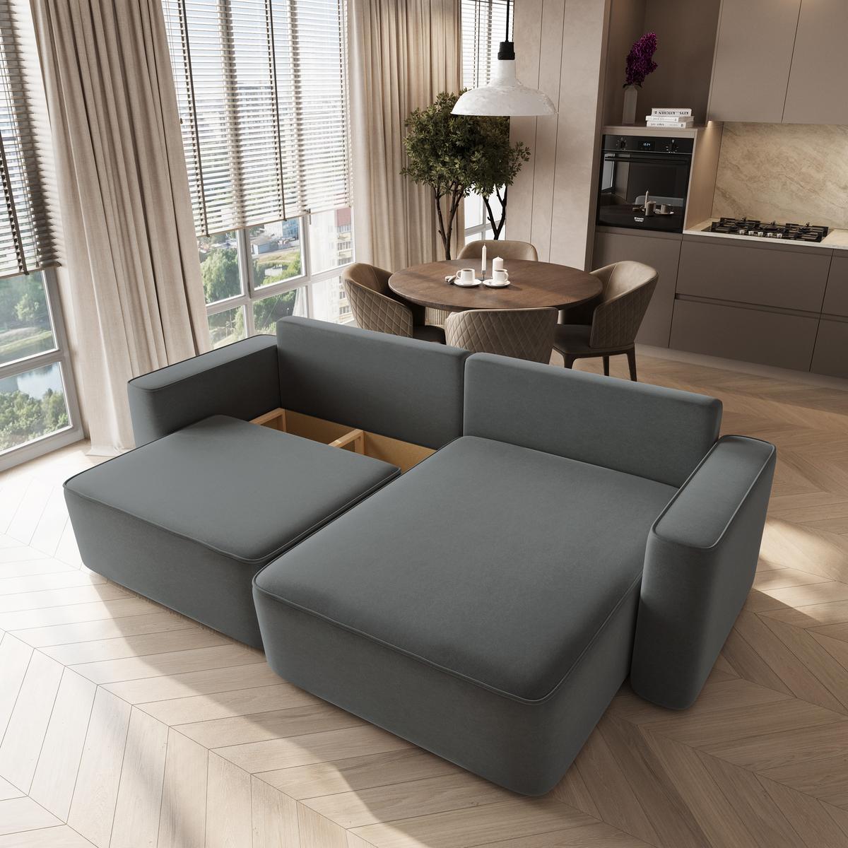 ECKSOFA BELISE CL Grau Veloursstoff mit Schlaffunktion - Grau, Holz/Textil (252/162cm) - MASSENO