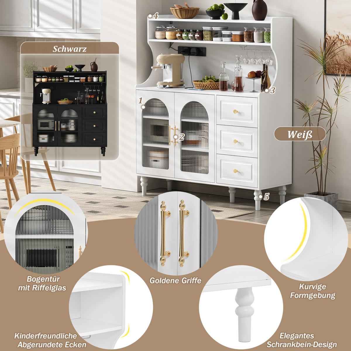 BUFFETSCHRANK mdf in weiß mit riffelglas, ladestation & weinglashalter - Weiß, Holzwerkstoff (120/138.5/40cm) - Urban Meuble