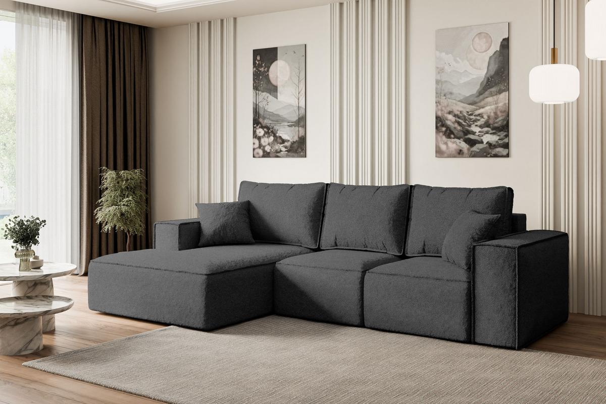 ECKSOFA mit Schlaffunktion und Bettkasten SERRA-L-S - 266x161x87 cm Grau Bouclé - Schwarz/Grau, Holzwerkstoff/Kunststoff (266/161cm) - ALTDECOR