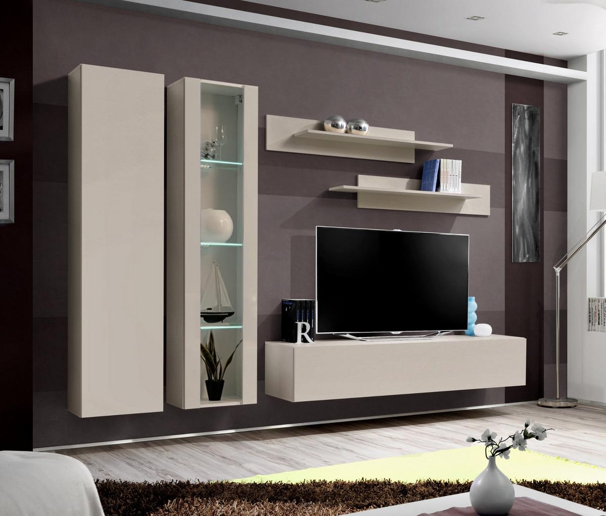 WOHNWAND Kaschmir 260 cm 5-teilig, Schrankwand hängend mit LED-Beleuchtung - Kaschmir, Glas/Holzwerkstoff (260/170/40cm) - Inn.Furn