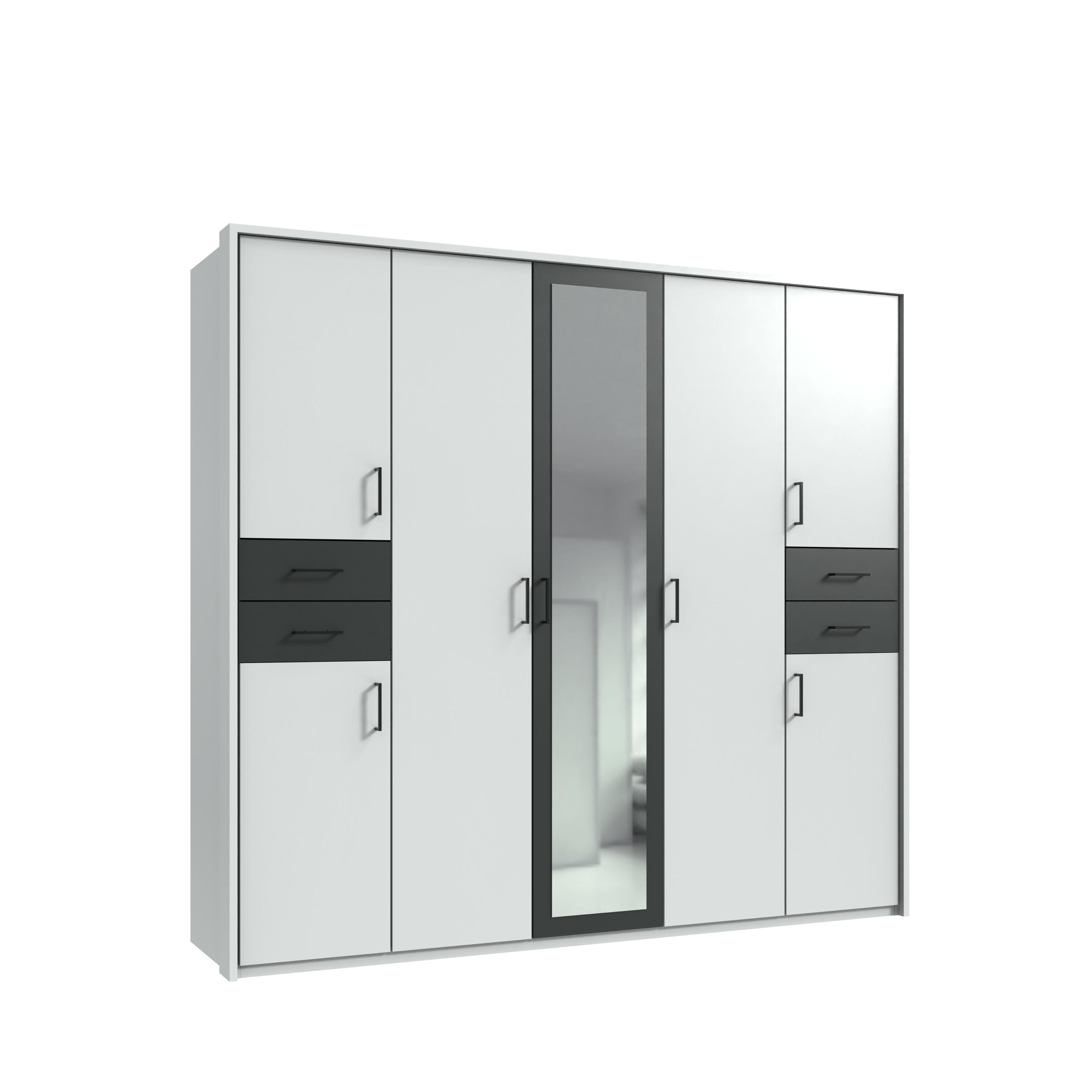 DREHTÜRENSCHRANK B228/H210/T58 cm in Weiß mit Absetzungen in Grafit, Kleiderschrank mit Passepartout&1 Spiegeltür&Schubkästen, Griffe schwarz / 22572 - Graphitfarben/Schwarz, Holzwerkstoff/Kunststoff (228/210/58cm) - luma-home