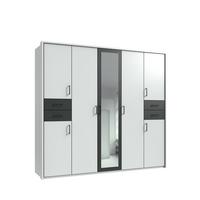 DREHTÜRENSCHRANK B228/H210/T58 cm in Weiß mit Absetzungen in Grafit, Kleiderschrank mit Passepartout&1 Spiegeltür&Schubkästen, Griffe schwarz / 22572 - Graphitfarben/Schwarz, Holzwerkstoff/Kunststoff (228/210/58cm) - luma-home