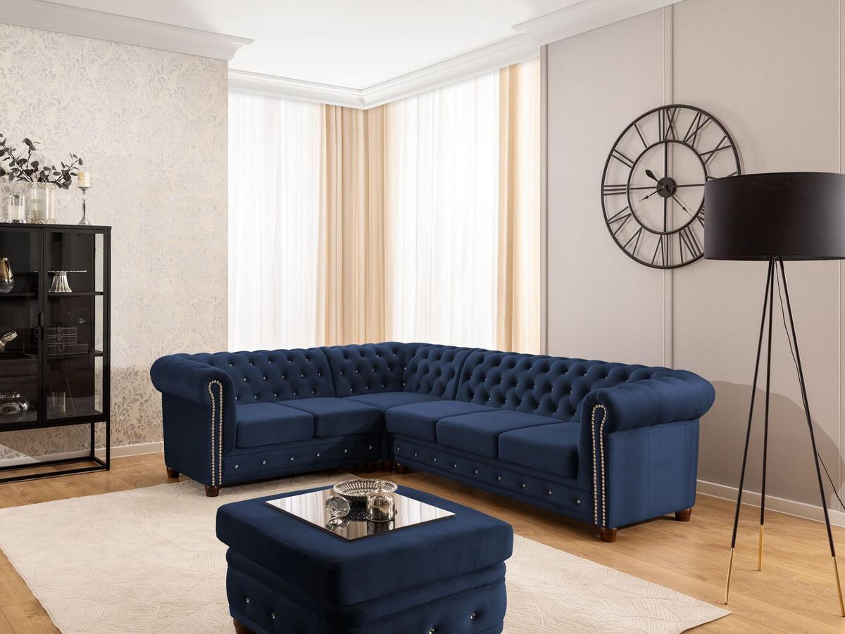 ECKSOFA Chesterfield Cleo Blink Marineblau Samt mit Kristallsteppung und braunen Massivholzfüßen - Ottomane Links - Blau/Braun, Holz/Textil (264/210cm) - S-Style