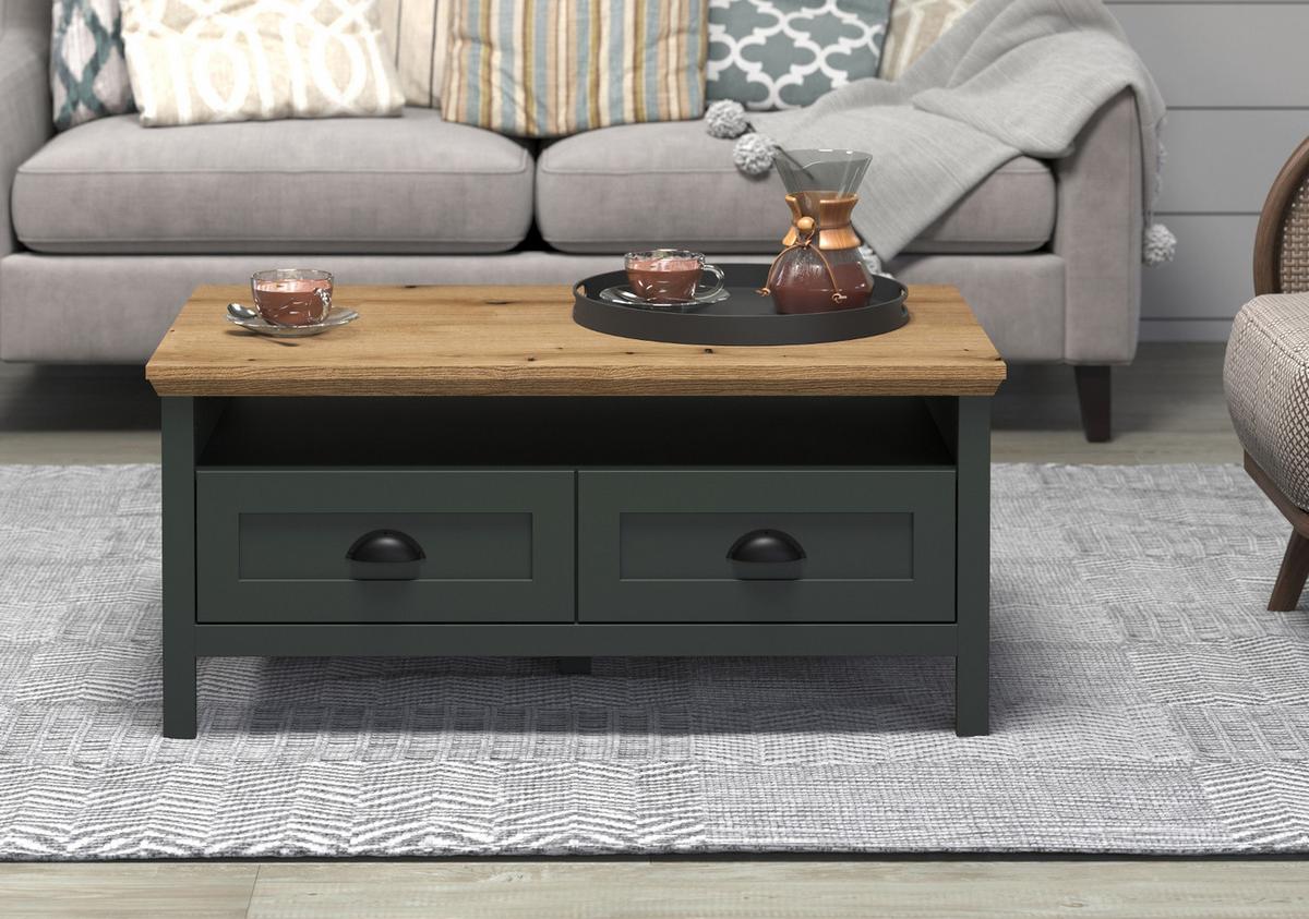 COUCHTISCH grün, Evoke Eiche Landhaus 101 x 60 cm, Beistelltisch mit Schubkästen - Eichefarben/Schwarz, Holzwerkstoff/Kunststoff (60/101/45cm) - Top.Furn