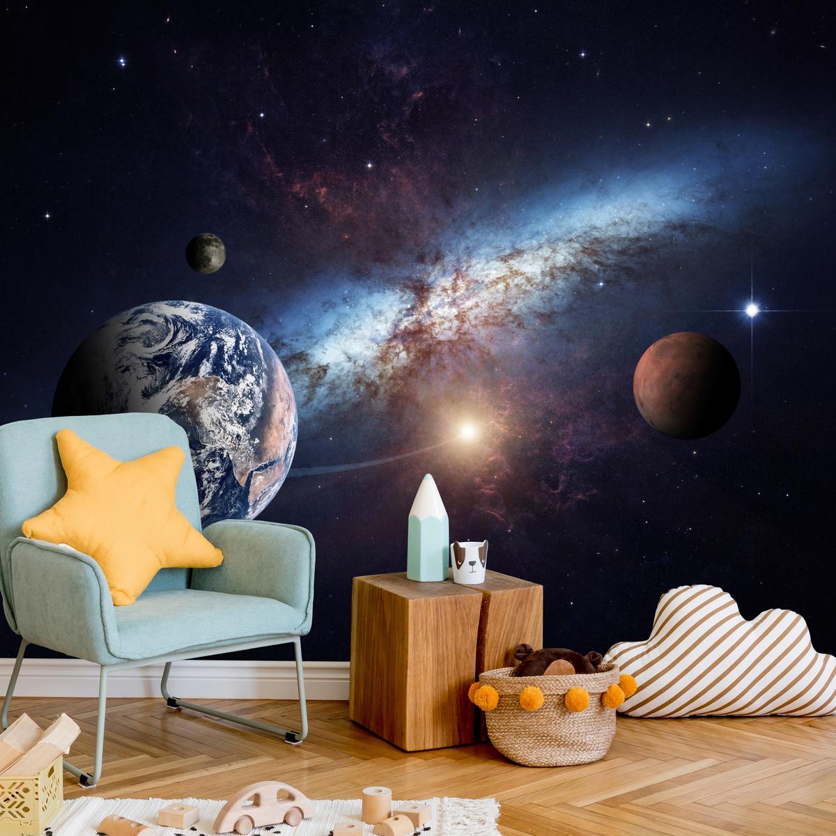 FOTOTAPETE für Kinderzimmer Planeten Galaxie Kosmos Nebel 150x105 - Violett/Weiß, Papier (150/105cm) - Muralo