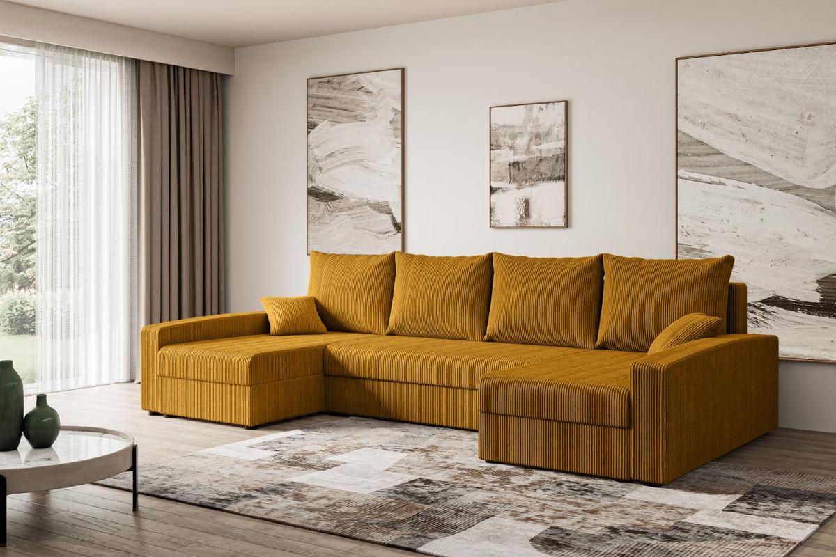 WOHNLANDSCHAFT mit Schlaffunktion und Bettkasten ALESIA-U 301x140x90 cm Senfgelb Cord - Gelb/Silberfarben, Holzwerkstoff/Kunststoff (301/90/140cm) - ALTDECOR