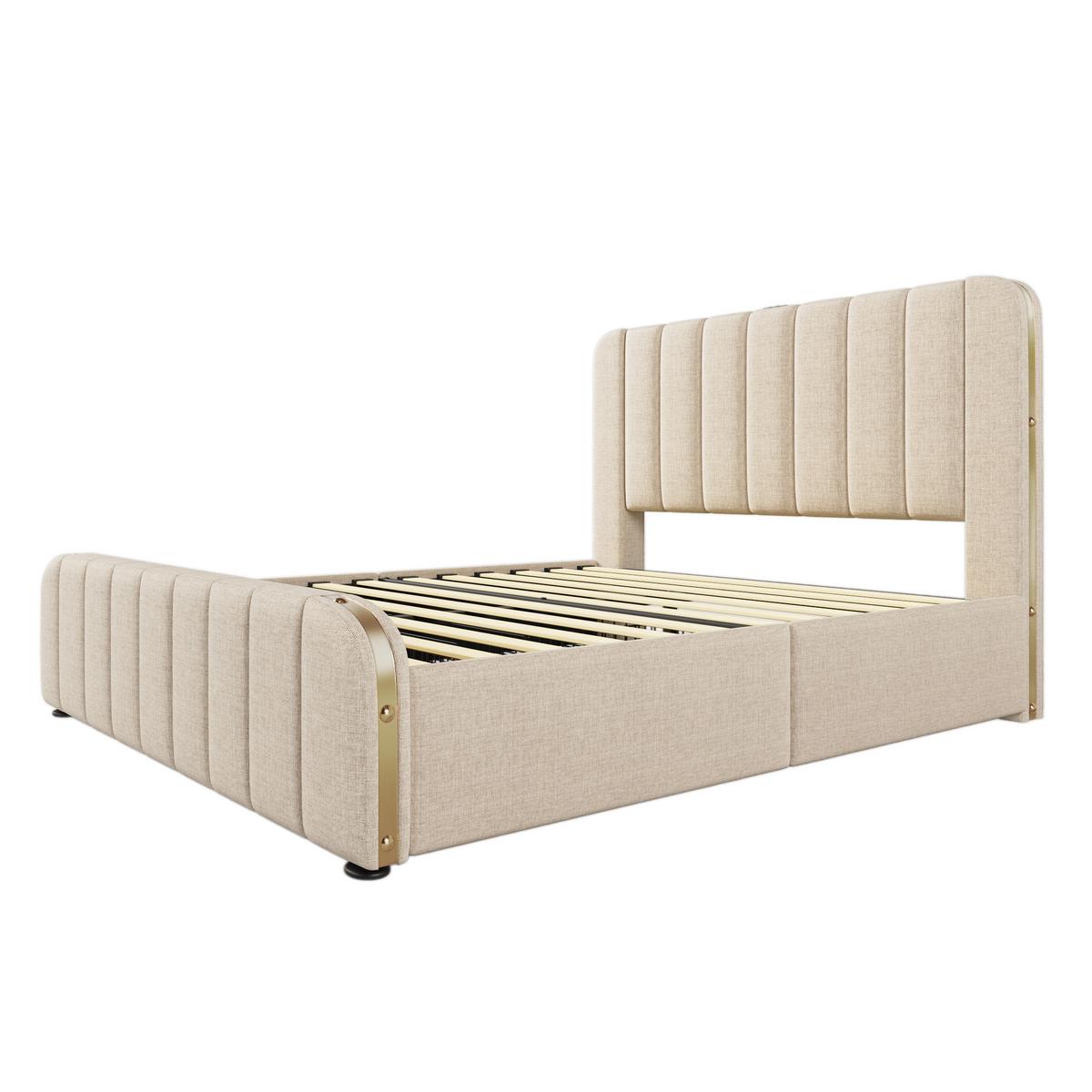 POLSTERBETT 140x190 cm aus beigem leinen, mit 4 schubladen, usb-c und goldenen akzenten - Beige, Textil (140/190cm) - Urban Meuble